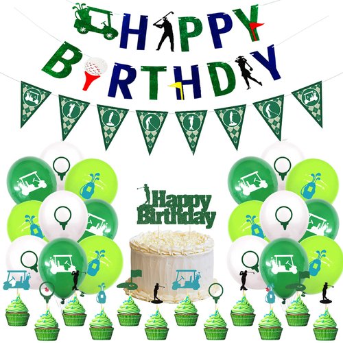 45PCS Golf Birthday Party Supplies with Happy Birthday Banner, Golf Themed Cake Topper and Cupcake Toppers, 12-inch Latex Balloons with Golfing Patterns and Golf Pennant for Golf Themed Party Decorations