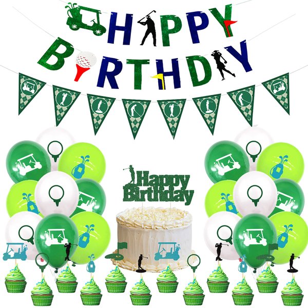45PCS Golf Birthday Party Supplies with Happy Birthday Banner, Golf Themed Cake Topper and Cupcake Toppers, 12-inch Latex Balloons with Golfing Patterns and Golf Pennant for Golf Themed Party Decorations