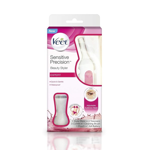 Hair Removal Electric Trimmer – Veet Expert Sensitive Precision Beauty Styler for Underarms, Eyebrows and Bikini Hair Removal with 8 Accessories and Beauty Bag, 1 Count