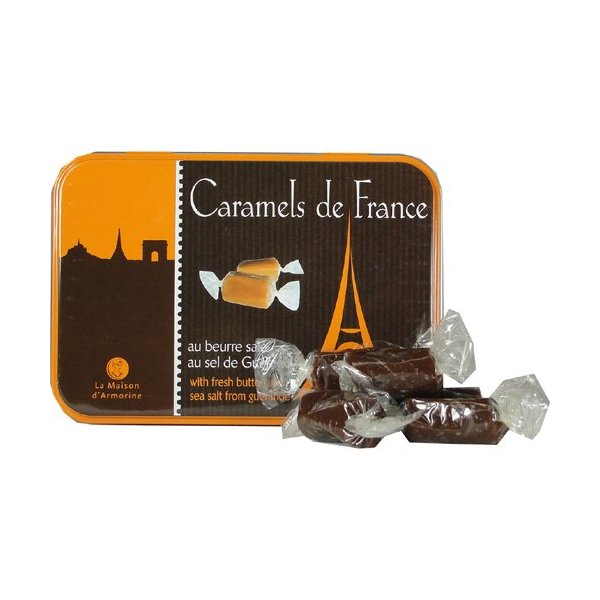 La Maison d'Armorine, Caramels de France au Beurre Sale au Sel de Guerande - Chocolat (French Sea Salted Tender Butter Caramels) in Small Collectors Eiffel Tower Tin, 5.3 Oz