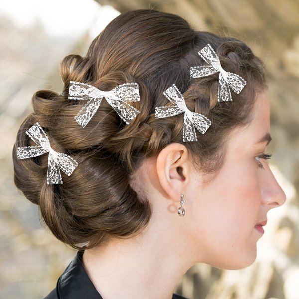4Pcs White Lace Hair Bow for Women,Lace Bow Hair Clips,Lace Bows for Hair,Bowknot Hair Clips,Tulle Bow Barrettes,Elegant Hairpins Alligator Hair Clips Hair Accessories for Girls Toddlers Women