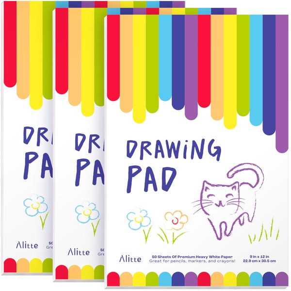 Alitte Drawing Pad for Kids - 3-Pack (9x12) Drawing Paper with Easy-Tear Pages - 50 Sheets - Kids Art Supplies | Sketch Pad for Drawing & Coloring - Suitable for Children and Toddlers