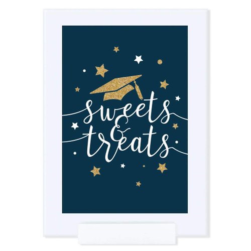 Andaz Press Navy Blue and Gold Glittering Graduation Party Collection, Framed Party Sign, Double-Sided 4x6-inch, Sweets & Treats, 1-Pack, Includes Reusable Frame
