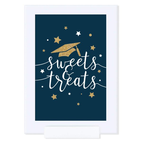 Andaz Press Navy Blue and Gold Glittering Graduation Party Collection, Framed Party Sign, Double-Sided 4x6-inch, Sweets & Treats, 1-Pack, Includes Reusable Frame