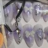 Purple Press on Nails Almond Fake Nails Medium False Nails with Glitter Rhinestones 3D White Bow Purple Blush with Star Swirl Silver Space Metallic Nail Design Silver Chrome Nails Y2K Nails for Women