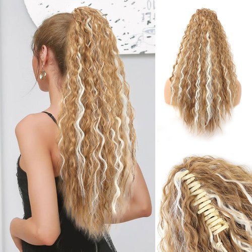 Highlight 18" Ponytail Extension, Claw Clip in Ponytail hair Extensions for Women Long Curly Clip on Hair Ponytail Extension Synthetic Natural Drawstring fake Ponytail StrawberryBlonde & Bleach Blond)