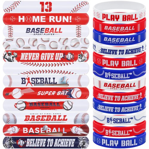 durony 48 Pieces Baseball Bracelets Wristbands Set Include 24 Pieces Baseball Silicone Rubber Bracelet 24 Pieces Baseball Slap Bracelets Sports Slap Bracelets for Baseball Party Favors Prizes Gifts