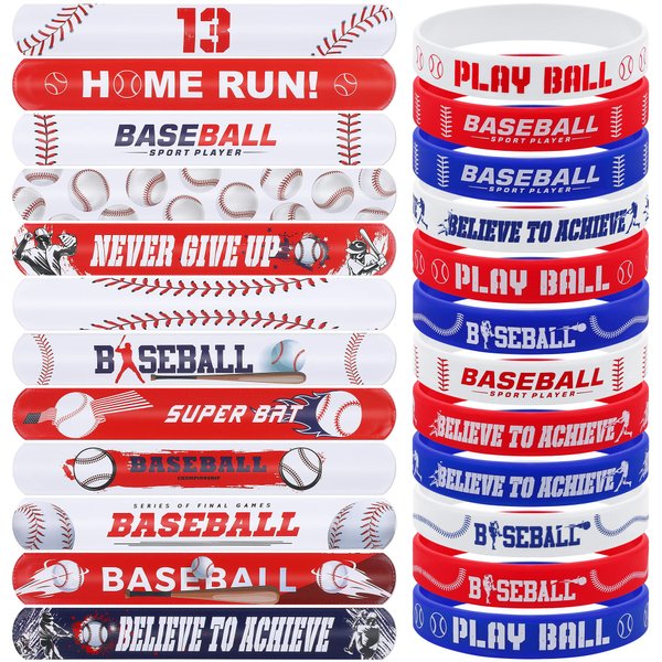 durony 48 Pieces Baseball Bracelets Wristbands Set Include 24 Pieces Baseball Silicone Rubber Bracelet 24 Pieces Baseball Slap Bracelets Sports Slap Bracelets for Baseball Party Favors Prizes Gifts
