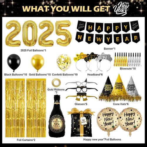 New Years Eve Party Supplies 2025-Happy New Years Decorations 2025 Kit-Party Favors Includes Hats, Banner, Glasses, Tiaras, Blowout, Balloons, Fringe Curtain Party Decor for Adults Kids