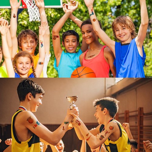 ANIUVOT Basketball Tattoos Temporary for Kids Boys and Girls Birthday Party Favors 12 Sheets, Waterproof Brownball Sports Team Game Face Stickers Gift Bag Fillers Rewards Halloween Christmas Prizes