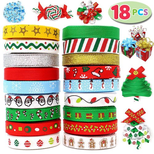 Joiedomi 18Pcs Christmas Ribbons; 90 Yard Grosgrain Satin Fabric Ribbons for Christmas Present Box Wrapping, Hair Bow Clips, Gift Bows, Craft, Sewing, Wedding (18PCS One-Size)