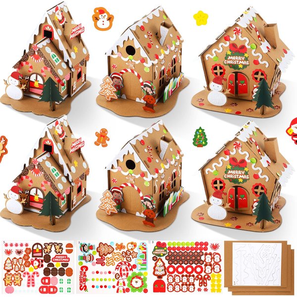 6 Sets Christmas Gingerbread House Kit Christmas Crafts for Kids Mini Christmas Cardboard Make-a-Gingerbread House Craft for Boy Girl Christmas Party Game Craft Supplies(Classic Style)