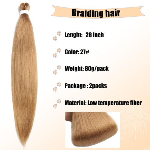 2 Pack Braiding Hair 26 Inchs Kanekalon Pre Stretched Braiding Hair Extensions Professional Itch Free Hot Water Setting Yaki Texture Prestretched Braiding Hair (27#, 26 Inch (Pack of 2))