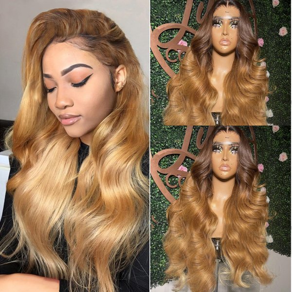 Smavida Ombre Highlight Body Wave Lace Front Wig Human Hair,Balayage Blonde HD Transparent Human Hair Lace Front Wig 13x6 Free Part P4/27 Colored Lace Front Wigs Pre Pluck Hairline with Baby Hair 28"