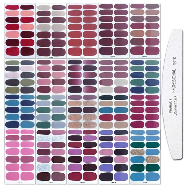 WOKOTO 20 Sheets Solid Color Nail Art Polish Wraps Stickers Strips Set with 1Pc Nail File Self-Adhesive Adhesive Nail Decals Manicure Tips