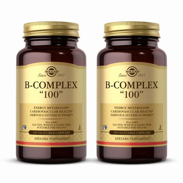 Solgar B-Complex 100" - 100 Vegetable Capsules, Pack of 2 - Energy Metabolism, Nervous System Support - Non-GMO, Vegan, Gluten Free - 200 Total Servings