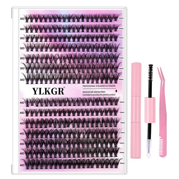 Lash Extension Kit DIY 280PCS Lash Clusters Thick Eyelash Extension Kit, 30D 40D Mix Curl Individual Lashes Kit with Lash Bond and Seal Lash Tweezers