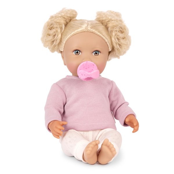LullaBaby – 14-inch Realistic Baby Doll – Wavy Light-Blonde Hair, Blue Eyes & Soft Body – Pink Sweater Outfit, Hair Elastics & Pacifier – Pretend Play – Baby Doll with Wavy Blonde Hair