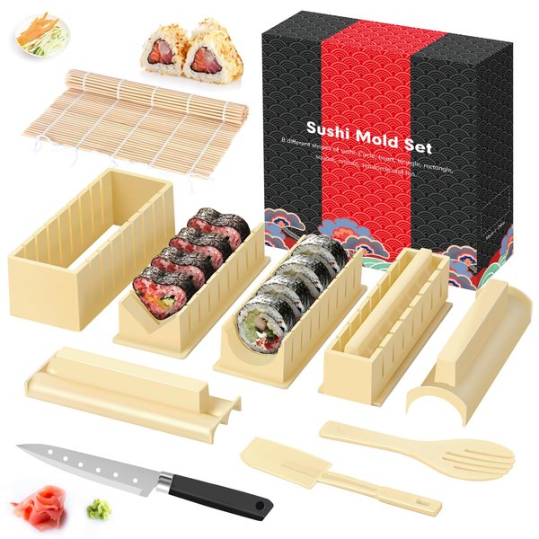HI NINGER Sushi Making Kit- All In One Sushi Set 10 Piece Plastic Sushi Maker Tool with 8 Different Shapes of Sushi Rice Roll Mold Shapes Fork Spatula DIY home Sushi Tools- Off-white
