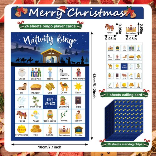 Shappy 35 Pieces Christmas Nativity Bingo Game Christian Bingo Game 24 Players Nativity Bingo Cards Christmas Games for Family Friends School Classroom Activities Holiday Party Favors(Nativity)