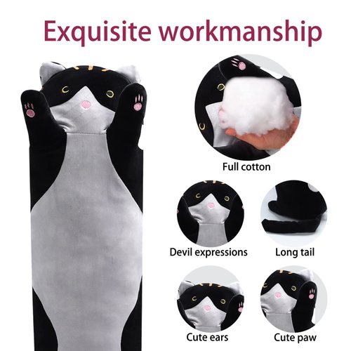 shangman Lovely Plush Cat Doll Cute Cartoon Soft Stuffed Kitten Pillow Long Throw Sleeping Pillow Doll Toy Valentines Day Gift for Kids Girlfriend (Black, 70cm/27.5in)