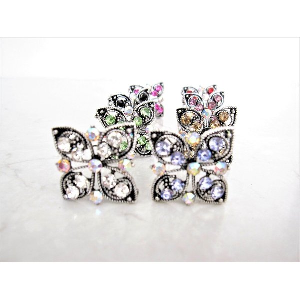 Small silver flower butterfly crystal hair pin clip barrette (Primary color: Dark pink)