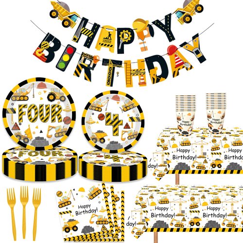 118 Pcs Construction 4th Birthday Decor Construction Four Years Old Paper Dinner Plates Napkins Forks Cups Tablecloth Banner Dinnerware for Dump Truck Theme Fouth Bday Party Supplies Decorations