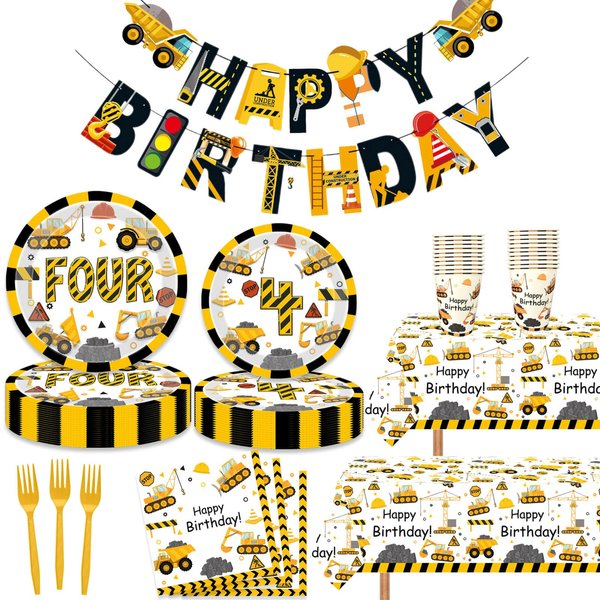 118 Pcs Construction 4th Birthday Decor Construction Four Years Old Paper Dinner Plates Napkins Forks Cups Tablecloth Banner Dinnerware for Dump Truck Theme Fouth Bday Party Supplies Decorations