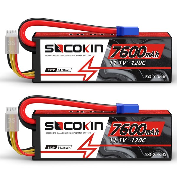 Socokin 3S Lipo Battery 7600mAh 11.1V 120C with EC5 Connector Hard Case for RC Car RC Vehicles RC Boat RC Racing Truck Helicopter Airplane RC Model（2 Pack）