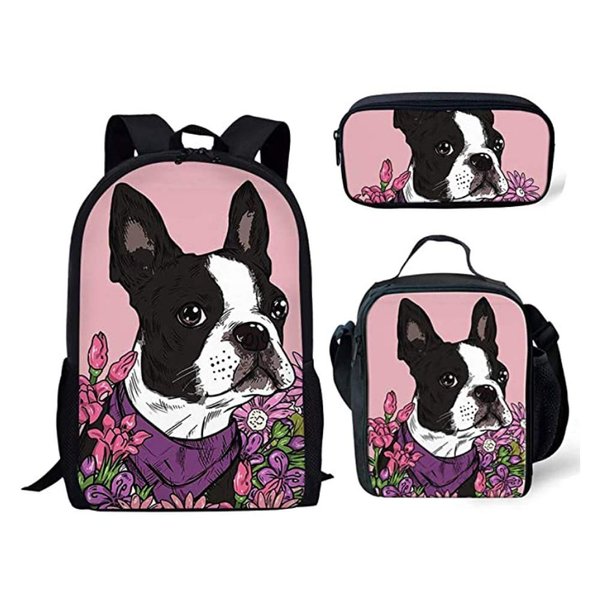Amzbeauty School Backpack Set Lunch Bags Pencil Case Cute Boston Terrier Print Bookbags 3 Pcs Set for for Kids/Girls