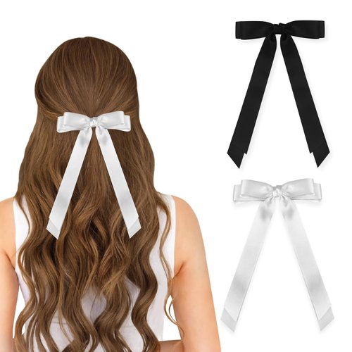 Wironoat Ribbon Hair Clips for Women Cute Soft Silkly Satin Hair Bows Hair Clip Accessories 2Pcs Black White-S