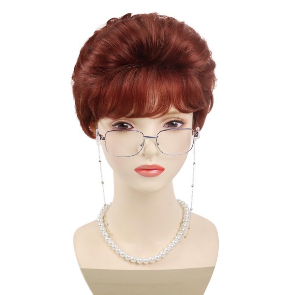 GNIMEGIL Auburn Short Curly Old Lady Wig Set Synthetic Hair Grandma Wig Red Brown Halloween Costume Granny Mommy Outfits White Women Wig with Glasses, Necklace & Chain for Older Ladies & Kids
