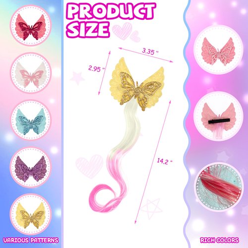 6 Pcs Hair Clips for Girls, Bow Curly Pink Gradient Hair Extensions for Kids, Little Girl Hairpieces for Party Ponytails Princess Dress Up