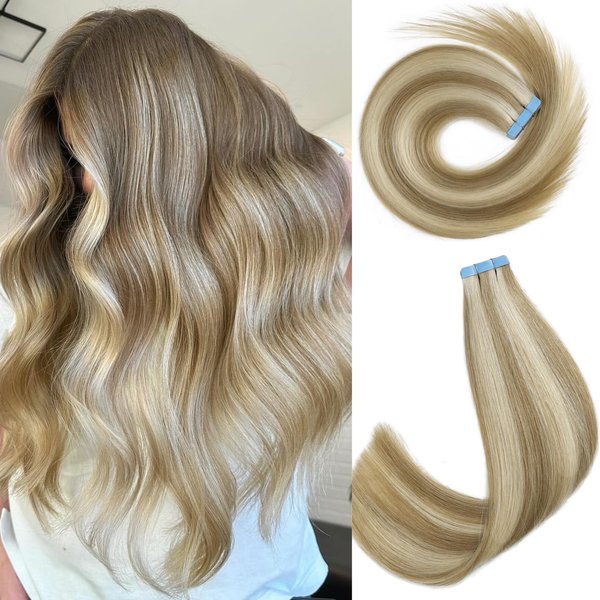 LADY MIRANDA 16 Inch Tape in Hair Extensions Human Hair 40g/20pcs Blonde Hair Extensions Soft Hair Extensions Real Human Hair Invisible Tape in Hair Extensions (9A/60, 16 Inch)