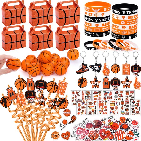Winrayk 122Pcs Basketball Party Favors Birthday Supplies Gift Bag Straws Stress Ball Tattoo Sticker Silicone Band Basketball Gifts Toys Goodie Bag Stuffers Sports Basketball Party Supplies Decorations