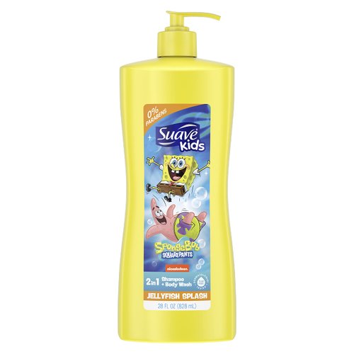 Suave Kids 3 in1 Shampoo & Body Wash for Kids Nickelodeon Spongebob Dermatologist-Tested and Tear-free, Strawberry, Yellow, 28 Fl Oz