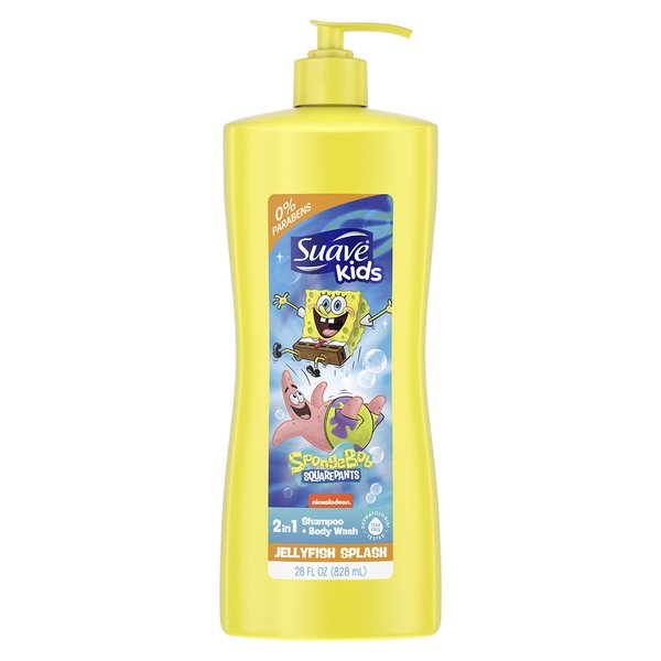 Suave Kids 3 in1 Shampoo & Body Wash for Kids Nickelodeon Spongebob Dermatologist-Tested and Tear-free, Strawberry, Yellow, 28 Fl Oz