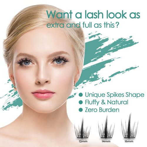 DIY Eyelash Extension, 3D Effect Glue Bonded Band Individual Lash 48 Clusters Volume Lashes Set, Home Eyelash Extension, C curl Lashes Pack 14MM-Spikes-48 Clusters