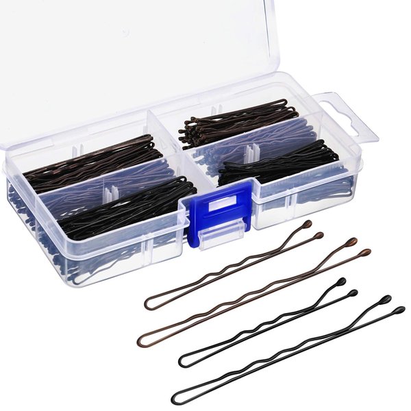 200 Pieces Bobby Pins Hair Styling Pins Assorted Size Hair Pins with Clear Storage Box, Black and Brown