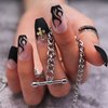 MISUD Coffin Press on Nails Medium Ballerina Fake Nails Goth Black Flame Acrylic Nails Matte Glue on Nails Cross Rhinestone Stick on False Nails with French Tip Design 24 pcs