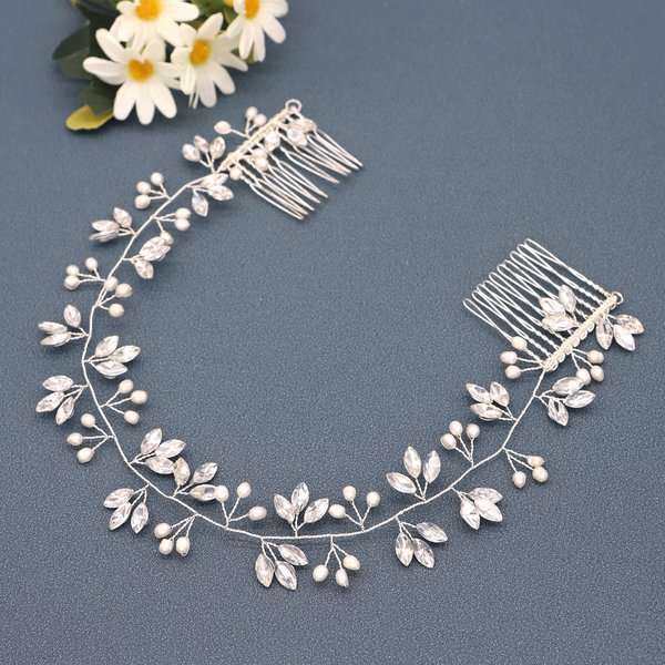Ammei Headpiece Crystal Bridal Headpiece Wedding Headband With Genuine Freshwater Pearls And Combs Hair Accessories For Bride Bridesmaid (Silver)