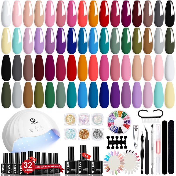MEFA 32 Colors Gel Nail Polish Kit with U V Light, 54 Pcs Nude Pink Popular Gel Nail Polish Starters Set with Matte/Glossy Base Top Coat Essential Manicure Tools Nails Art Decorations DIY Gifts