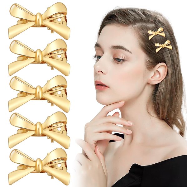 TUCEWP Small Metal Hair Bows for Women Girls 5Pcs Gold Bow Hair Clips Tiny Mini Ribbon Bowknot Alligator Hair Clips Cute Simple Coquette Bow Hairpins Barrettes Fashion Party Y2k Hair Accessories