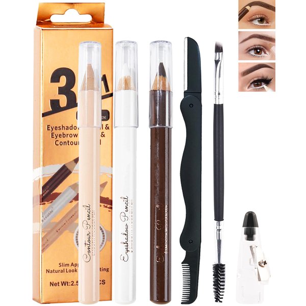 Eyebrow Pencil Brow Lift Highlighting Pencil Contour Pen Set-3 Pcs Long Lasting Waterproof Eye Makeup Pencil, Highlighter Stick for Women, Fill and Defined Brow, with Sharpener & Brow Tool-Black Brown
