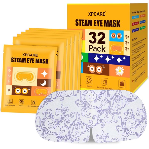 XPCARE 32 Pack Steam Eye Masks for Dry Eyes, SPA Warm Sleep Eye Mask, Disposable Heated Eye Mask for Dark Circles, Puffy Eyes, Relief Stress Eye Fatigue(Chamomile)