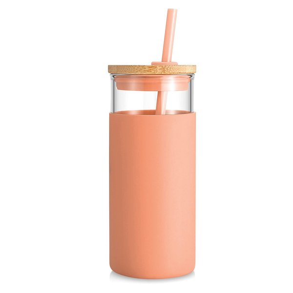 Tronco 20oz Glass Tumbler Glass Water Bottle Straw Silicone Protective Sleeve Bamboo Lid - BPA Free (Papaya/ 1 Pack)