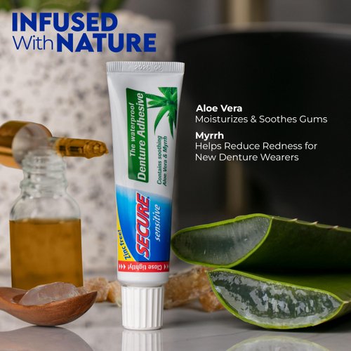 Secure Sensitive Gums Waterproof Denture Adhesive Zinc Free with Aloe Vera & Myrrh - Extra Strong 12 Hour Hold - 1.4 oz