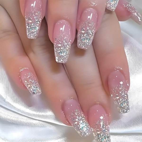 Glitter Press on Nails Coffin Long Fake Nails Pink False Nails With Designs Full Cover Reusable Stick on Nails Acrylic Ballerina Artificial Nails Glue on Nails for Women Nail Decorations 24Pcs