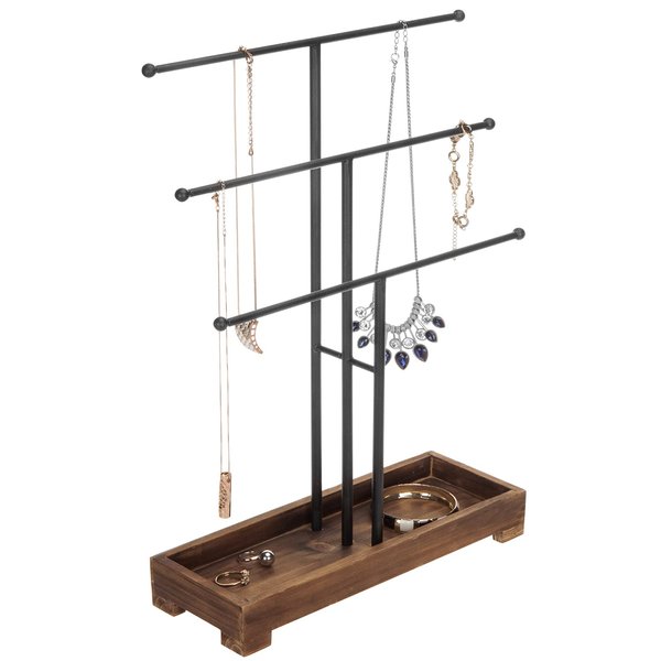 MyGift 3-Tier Black Metal T-Bar Jewelry Organizer Stand, Necklace and Bracelet Hanging Display with Brown Wood Ring Tray