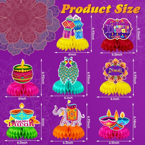 JULMELON 8PCS Diwali Party Decorations Honeycomb Centerpiece, 3D Double Sided Happy Diwali Centerpiece Table Decorations Table Toppers for Home Indian Diwali Festival of Lights Party Favors Supplies